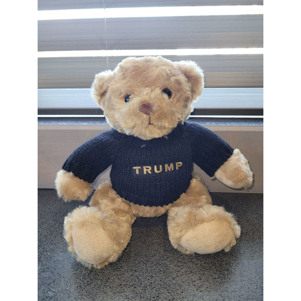 Trump Teddy Bear Plush Navy Sweater Gold Logo Political Collectible 10in